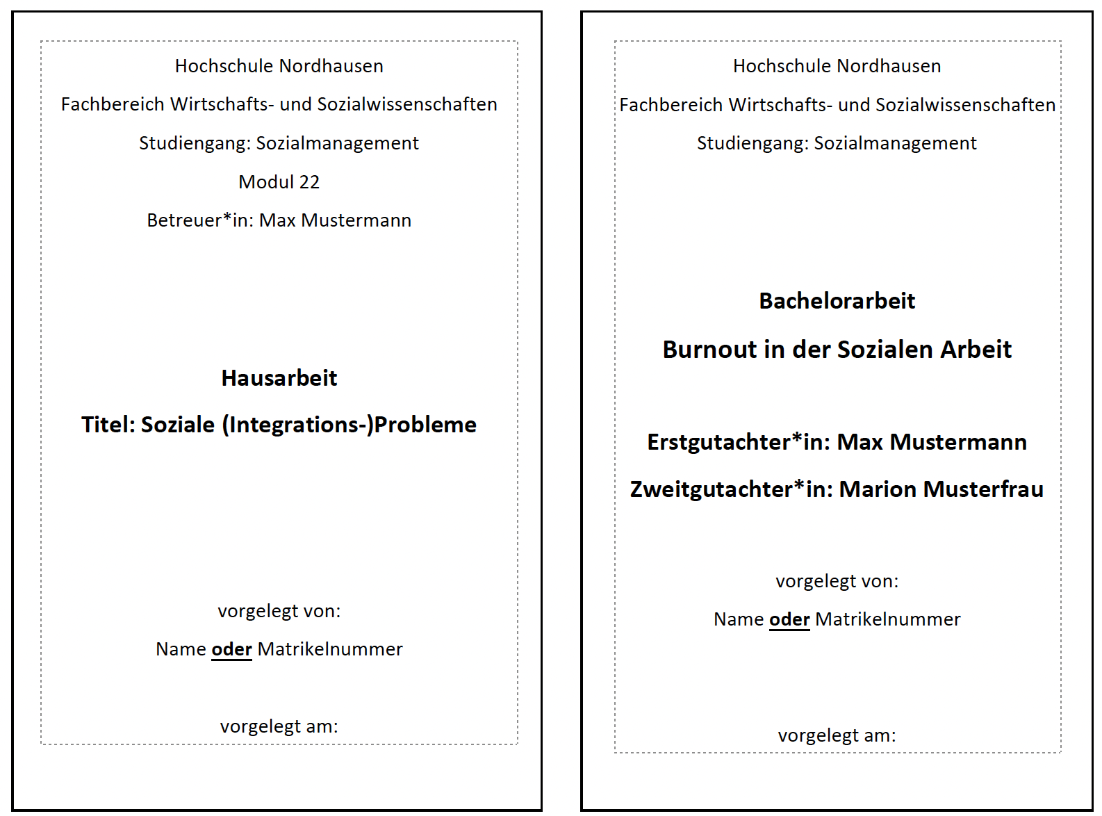 Diese Abbildung zeigt beispielhafte Deckblätter für eine wissenchaftliche Hausarbeit.